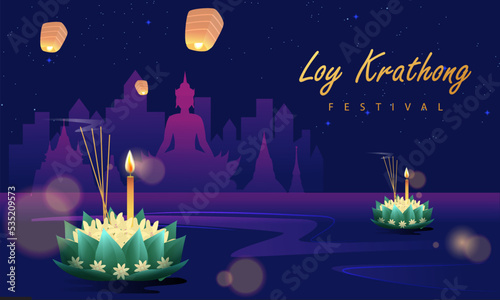 Loy krathong Festival Travel Thailand Poster Design Background Vector Illustration.  Chao Phraya River Holy Place in Thailand Background.Loy krathong Festival Travel Thailand Poster Design Background 