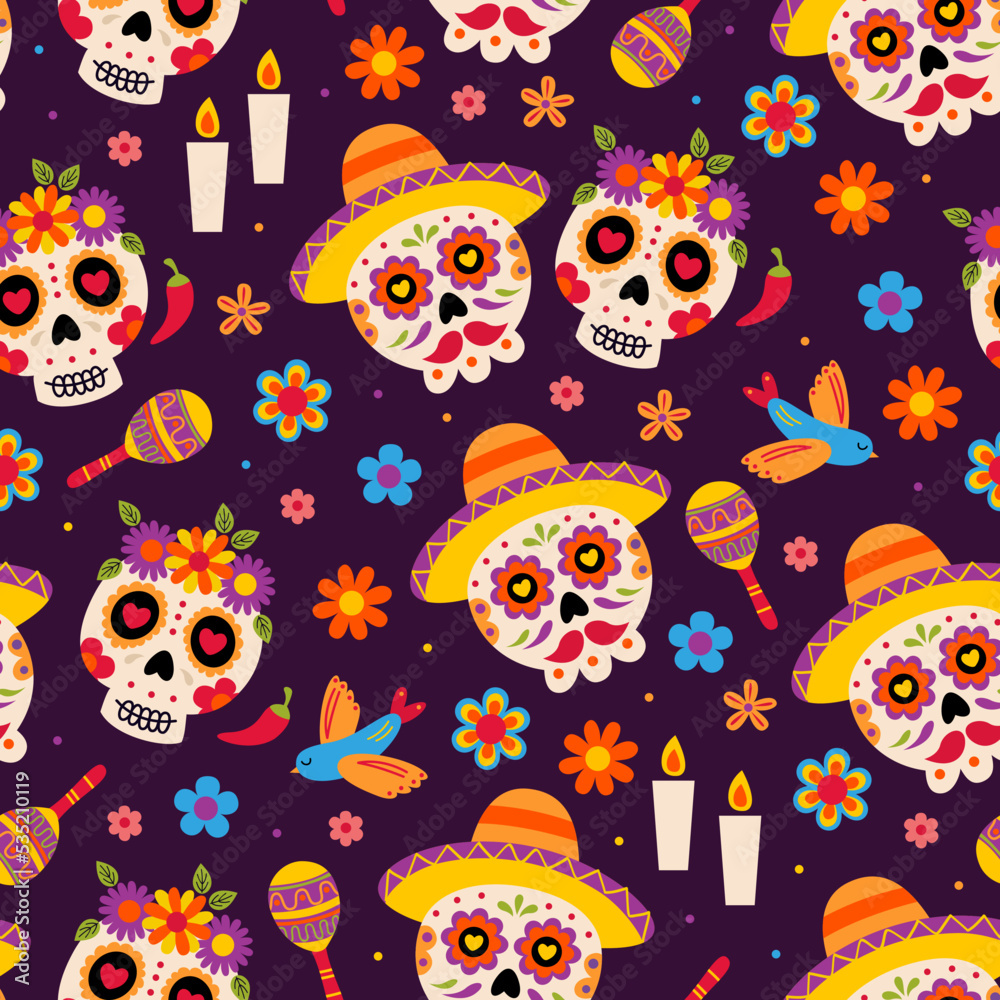 seamless pattern with skulls of a woman and a man