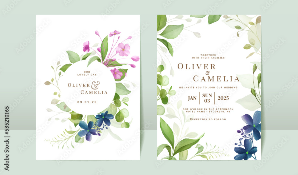 Purple watercolor roses wedding invitation card template set