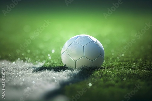 Close up 3D illustration of a football on grass with out of focus background. A.I. generated art. 