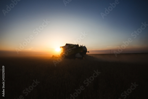 Combine harvester at gold light in agriculture fields with wheat