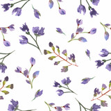Watercolor seamless pattern with abstract different purple flowers, branches. Hand drawn nature illustration on white background. For interior, packaging design or print