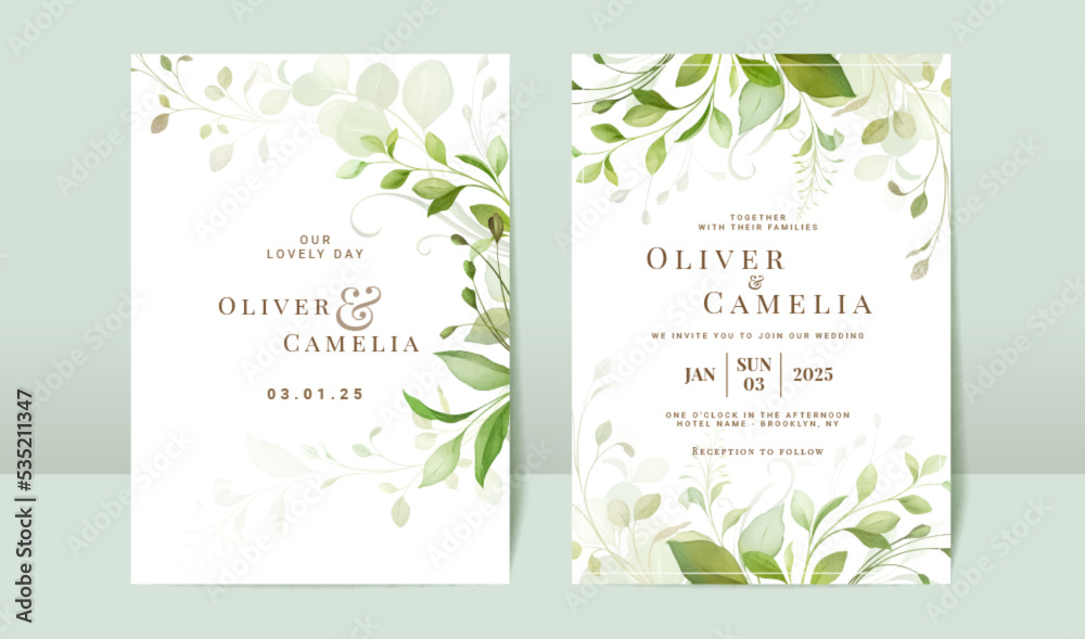Greenery watercolor leaves wedding invitation card template set