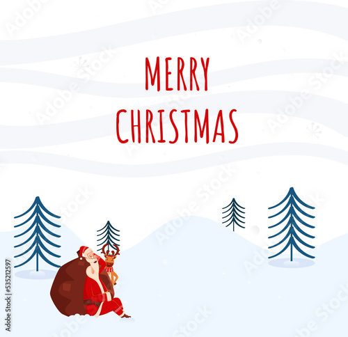 Merry Christmas Greeting Card With Santa Claus Relaxing, Heavy Bag, Reindeer And Trees On White Background. © Abdul Qaiyoom