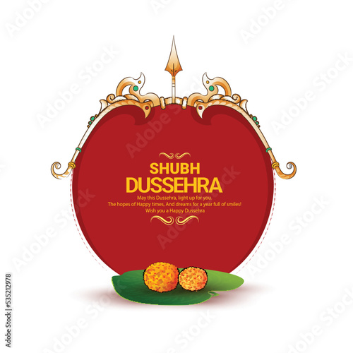 
illustration of hand lettring dussehra  text with Bow and Arrow with Traditional background .