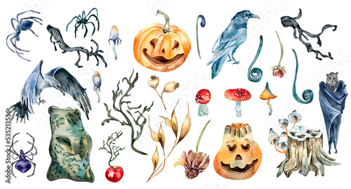 Set of Halloween symbols watercolor illustration isolated on white background.