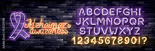 Vector realistic isolated neon sign of Alzheimer Awareness month with ribbon with easy to change color alphabet font on the wall background.