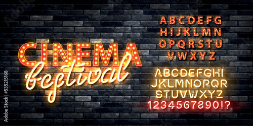 Vector realistic isolated retro marquee neon billboard with electric light lamps of Cinema Festival logo with easy to change color alphabet font on the wall background.