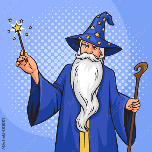 Wizard magician charmer old man fairy tale fabulous character with magic wand white beard and wizard hat pinup pop art retro vector illustration. Comic book style imitation.