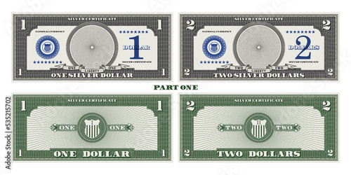 Vector set of gaming banknotes obverse and reverse with an empty circle in the center, denominations of 1 and 2 silver dollars. Part one