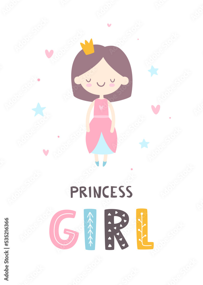 Cute princess baby girl. Poster for girls room. Vector girly print for apparel and wall art. Cute princess baby girl. Poster for girls room. Vector girly print for apparel and wall art.