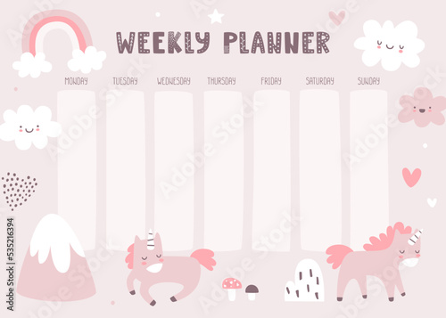 Timetable with cute unicorns. Girly pink weekly planner. Scandinavian vector design of timetable for baby girls.