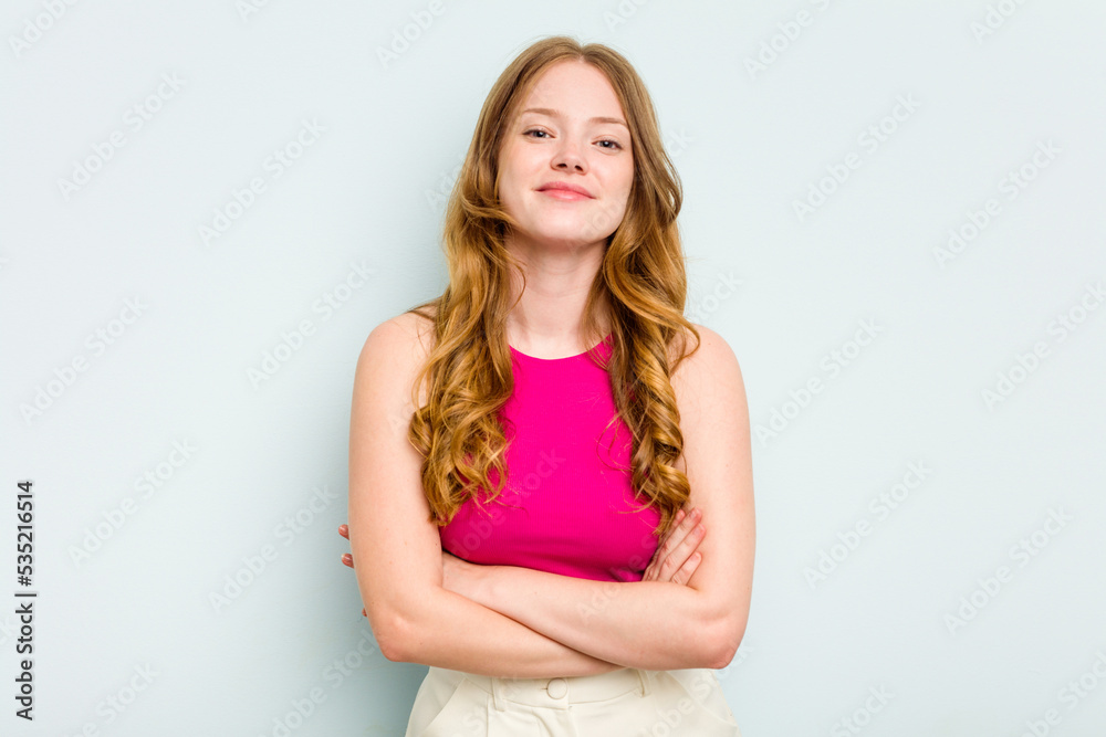 Portrait of pretty young caucasian woman isolated on blue background Portrait of pretty young caucasian woman isolated on blue background