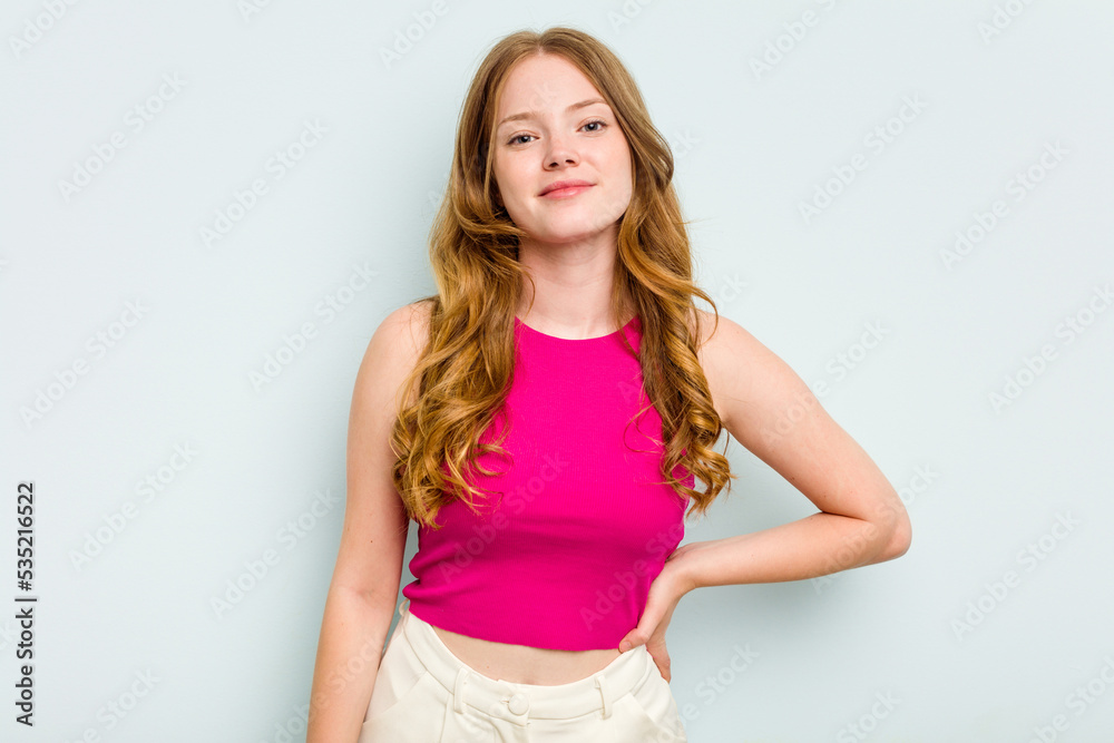 Portrait of pretty young caucasian woman isolated on blue background Portrait of pretty young caucasian woman isolated on blue background