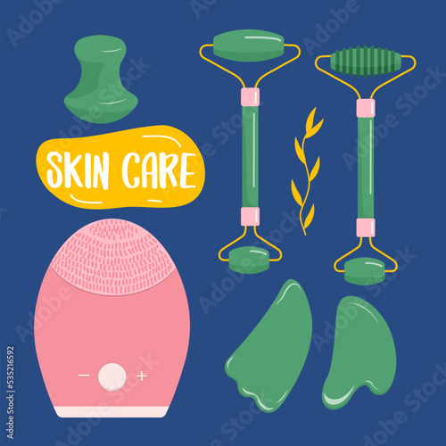 Roller for face and Gua Sha massage from pink green aventurine quartz stone. Morning cleanser routine, vibrating massager for washing.