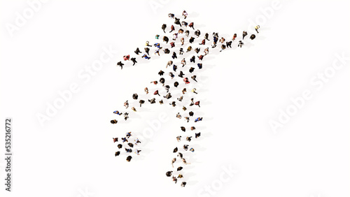 Concept conceptual large community of people forming the sign of a football player. 3d illustration metaphor for sport, competition, training, relaxation, family and fun