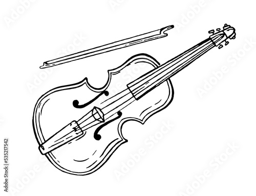 Cello violin musical instrument style hand drawn. Vector black and white doodle illustration