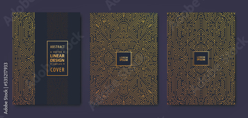 Set of vector Art deco, gatsby golden covers. Creative design templates. Trendy graphic poster, brochure, design, packaging and branding. Geometric shapes, ornaments, elements