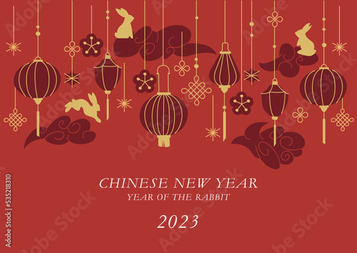 Vector background or card for Chinese new year with illustration rabbits and paper lanterns and decoration.