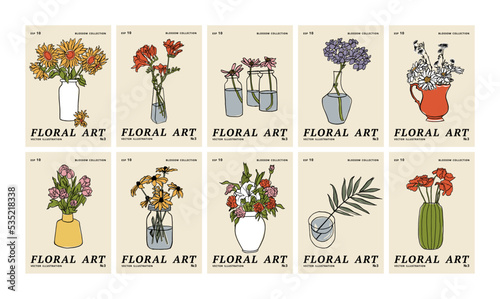 Vector illustration set of ink floral posters with different flowers and vase. Art for for prints, wall art, banner, background.