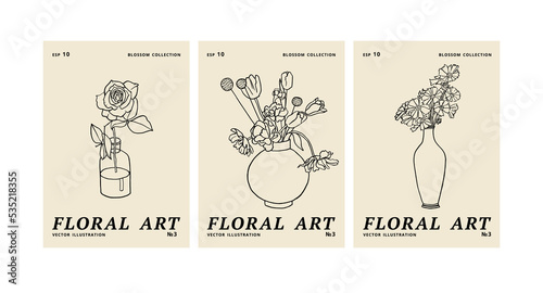 Vector illustration set of ink floral posters with different flowers and vase. Art for for prints, wall art, banner, background.