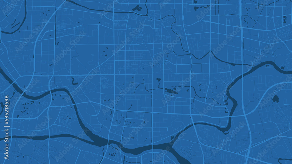 Fototapeta premium Detailed vector map poster of Foshan city, linear print map. Blue skyline urban panorama. Decorative graphic tourist map of Foshan territory.