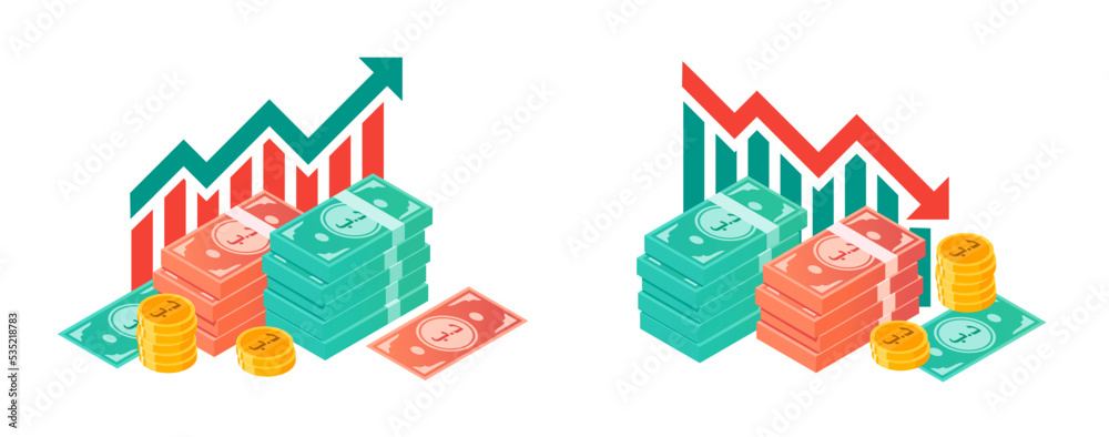 Obraz premium Bahraini Dinar Value Up and Down with Money Bundle Illustrations