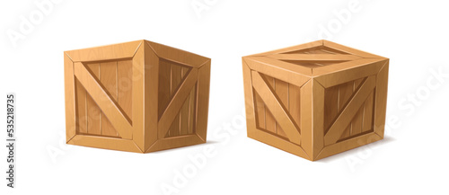 Cartoon style vector icon. Wooden cartoon style box in front and half top view. Isolated on white background.