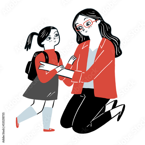 The mother is smiling and talk before her daughter go to school.