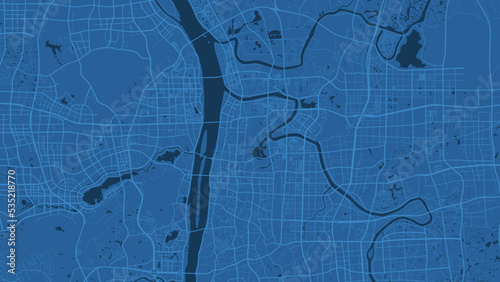 Dark blue Changsha city area vector background map, roads and water illustration. Widescreen proportion, digital flat design.