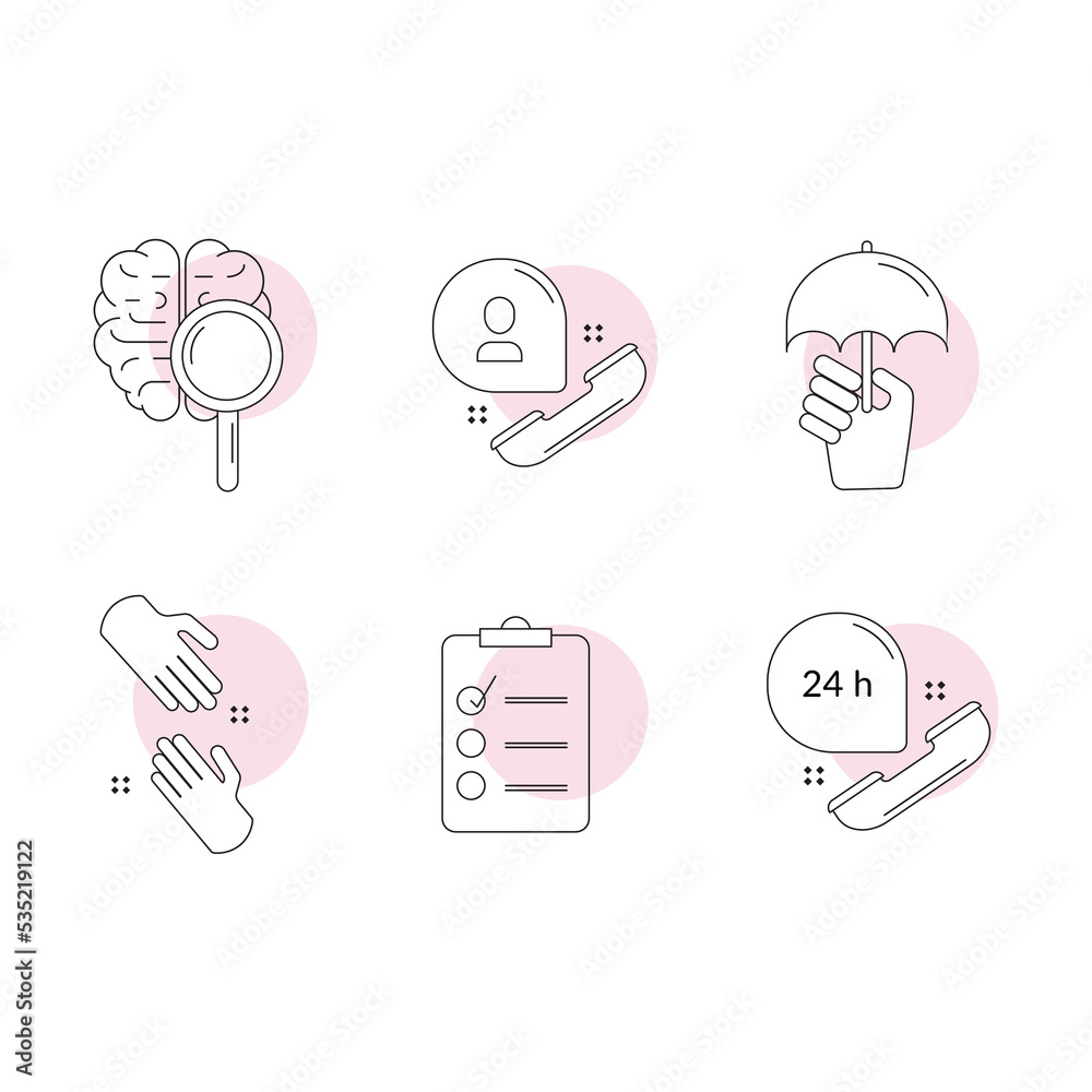 Icons on the topic of psychological help, brain, hotline call, support in a difficult situation, an appointment with a doctor. Simple linear icons help