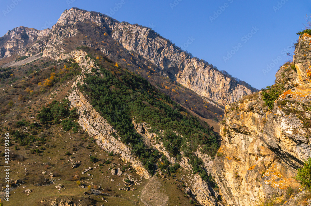 Autumn landscape in the mountains. Yellowed trees in autumn in the mountains of North Ossetia. Mountain gorges. View of the mountain peaks. Nature in the mountains.