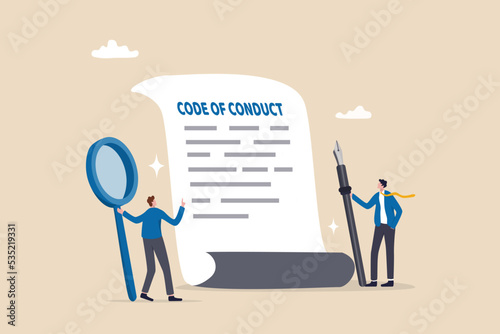 Code of conduct, ethical policy or rules, regulation or principles guideline for work responsibility, compliance document or company standard concept, businessman writing code of conduct document. photo