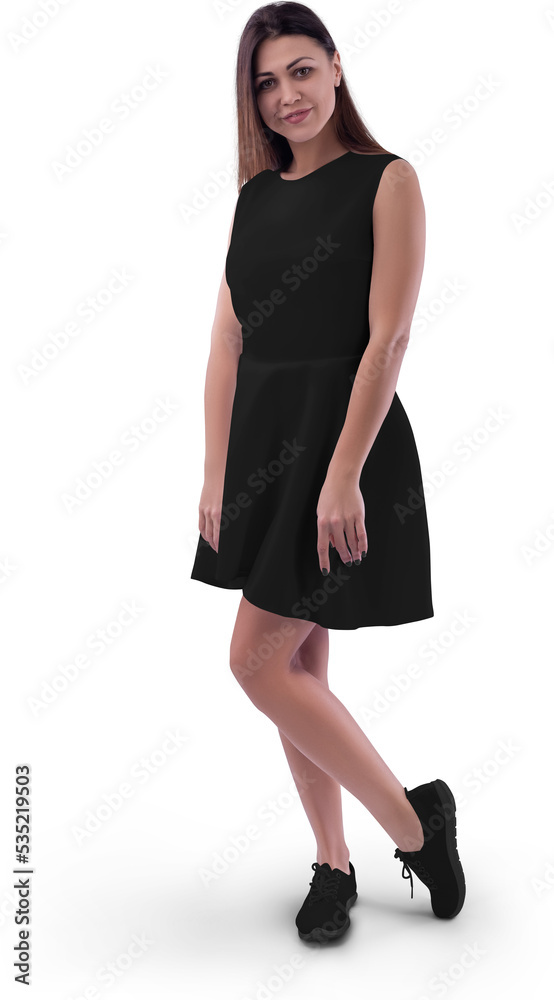 Mockup of a black wave dress on a girl, png, front view, isolated on background. Mockup of a black wave dress on a girl, png, front view, isolated on background.