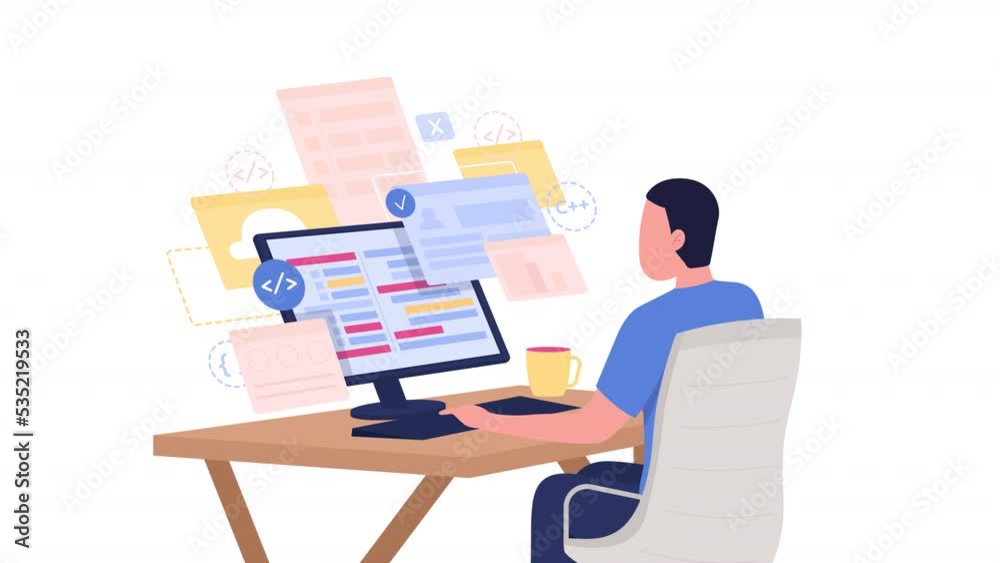 Animated developer flat character. Full body person 4k video footage with alpha channel. Online course. Remote programming job color cartoon style illustration for motion graphic design and animation