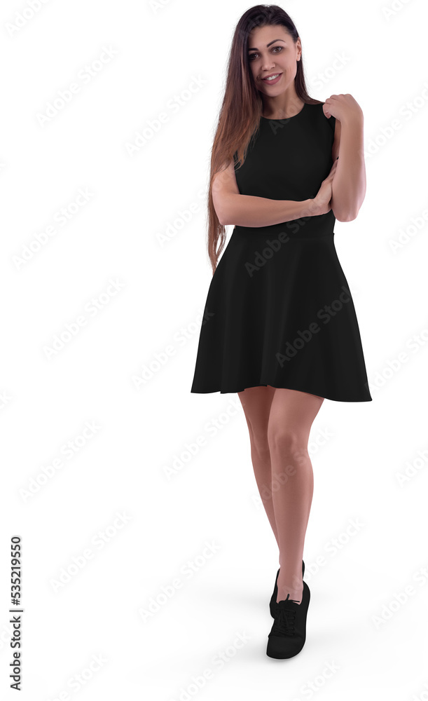 Mockup of a black wave dress on a girl, png, front view, isolated on background. Mockup of a black wave dress on a girl, png, front view, isolated on background.