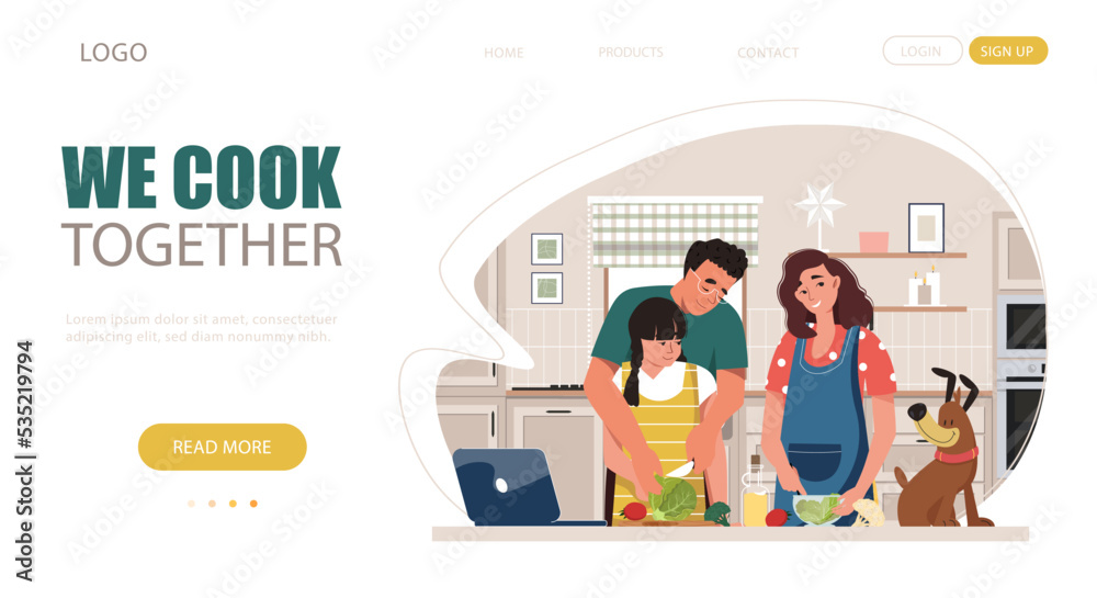 Family couple with kids and pets cooking together in the kitchen vector website design template. Cook at home, serving table, recipe concept illustration. People preparing homemade food landing page.