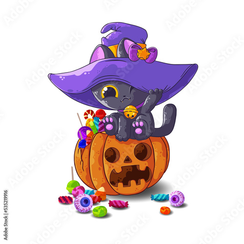 A cute cartoon kitten in a witch hat with candies sits on a pumpkin. Halloween vector illustration isolated on white background. Suitable for postcards, t-shirts, mugs, and more.
