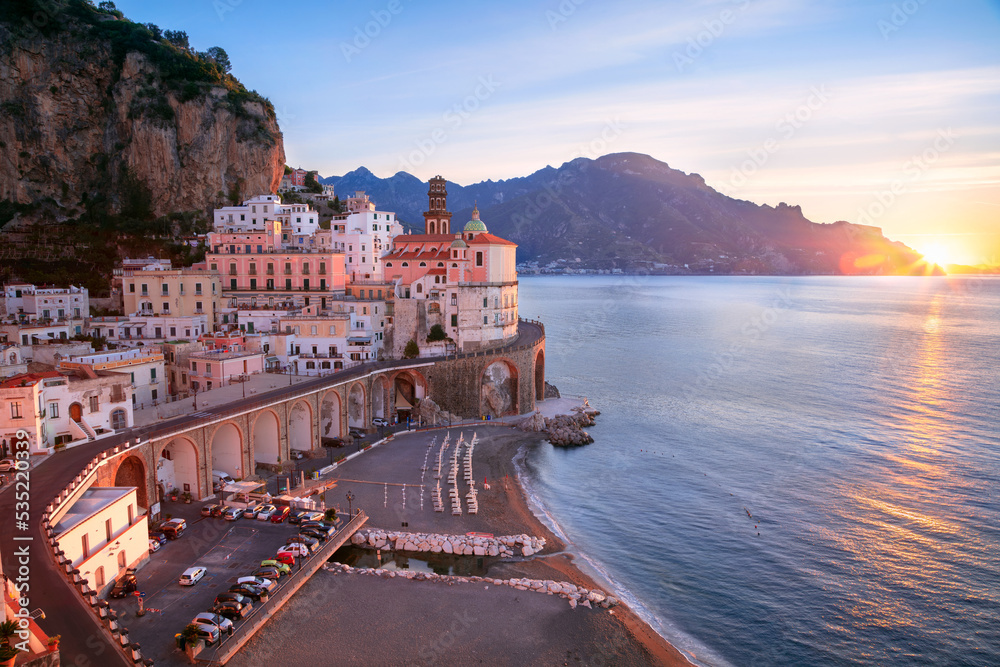 Atrani, Amalfi Coast, Italy. Aerial cityscape image of famous city Atrani located on Amalfi Coast, Italy at sunrise.
