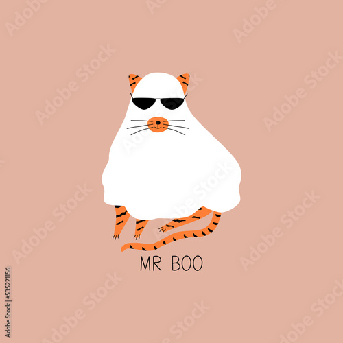 Funny ginger ghost cat in black sunglasses hand drawn vector illustration. Isolated spooky feline character for kids. "Mr Boo" halloween party card.