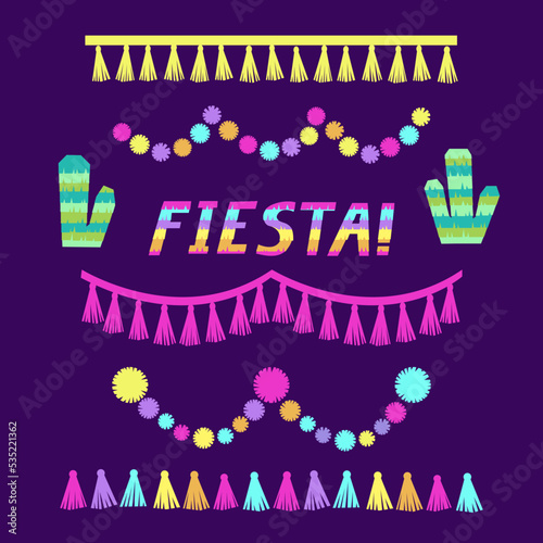Fiesta lettering. Cactus party decoration set. Tassels pom poms borders. Vector illustration