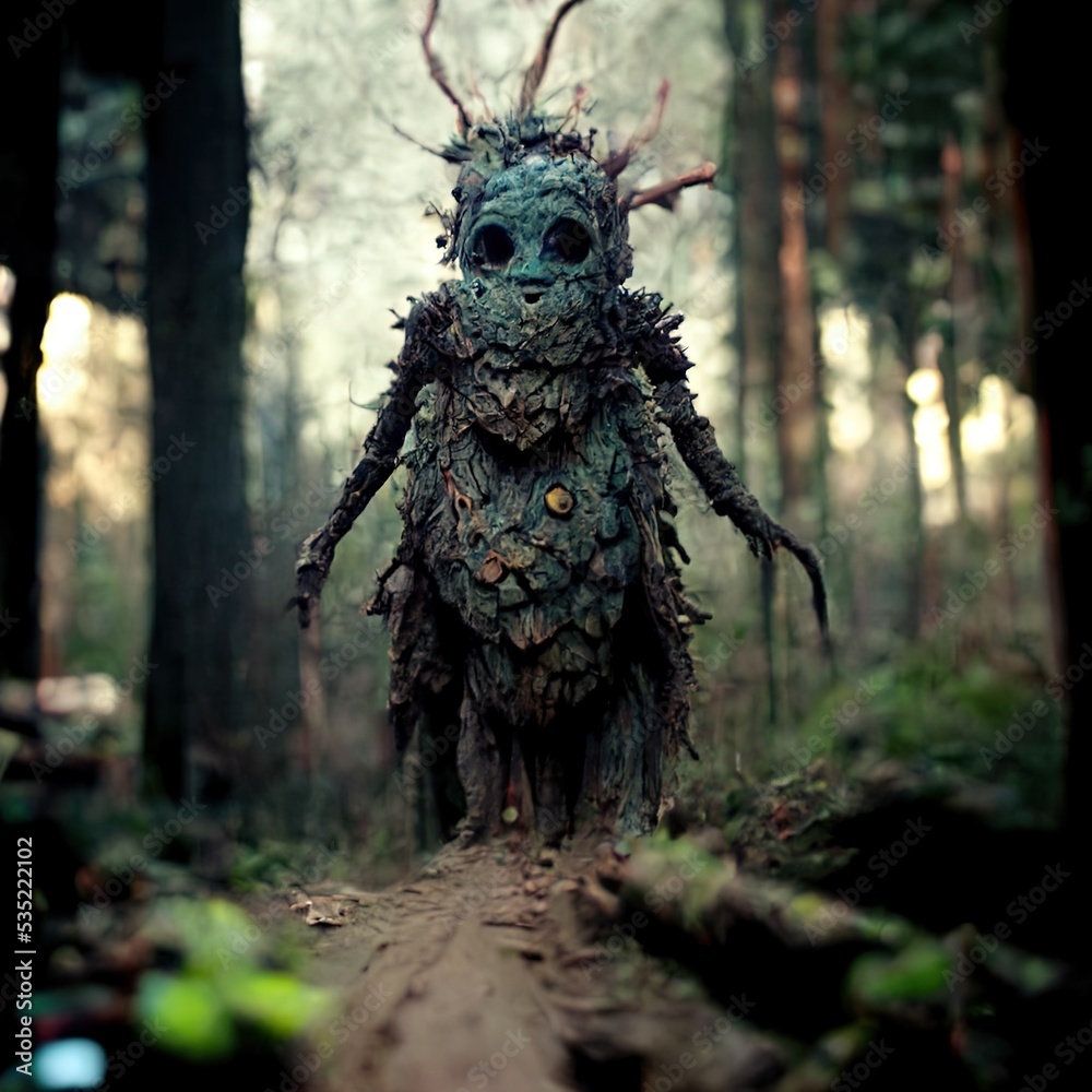 Alien Creature of the woods scene 3D illustration with dramatic lighting in a front position reflecting the cultural heritage of another world Alien Creature of the woods scene 3D illustration with dramatic lighting in a front position reflecting the cultural heritage of another world