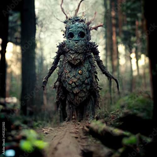 Alien Creature of the woods scene 3D illustration with dramatic lighting in a front position reflecting the cultural heritage of another world