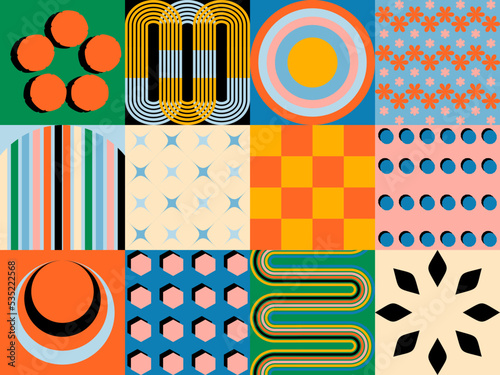 Retro futuristic elements for design. Collection of abstract graphic geometric symbols, shapes and objects in y2k style / Brutalism bold style. Abstract geometric elements bauhaus swiss style. 