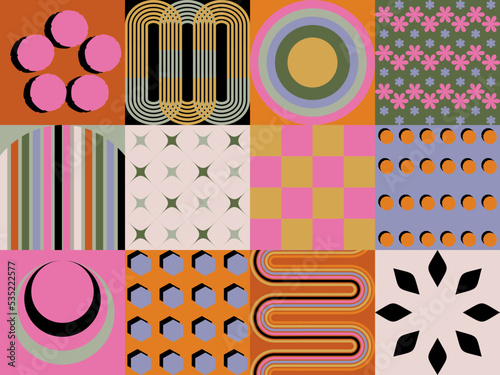 Retro futuristic elements for design. Collection of abstract graphic geometric symbols, shapes and objects in y2k style / Brutalism bold style. Abstract geometric elements bauhaus swiss style. 