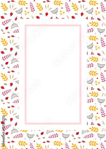 Floral fall background. Elegant frame with autumn leaves and herbs. Blank space for your text included. Can be used for holiday invitations, greeting cards, banners or memo pads. Vector 10 EPS. © slybrowney