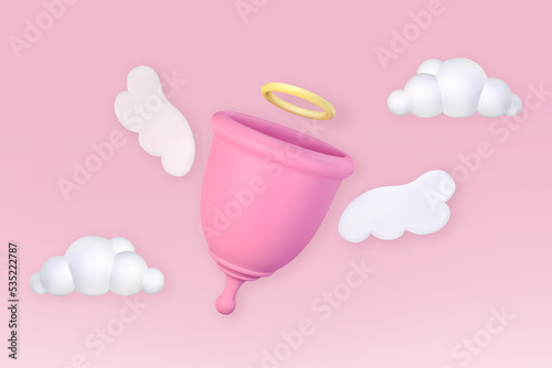 3D rendering of a pink menstrual bowl in the form of an angel with wings and a halo on a gentle background with clouds. Cartoon modern 3D image. photo