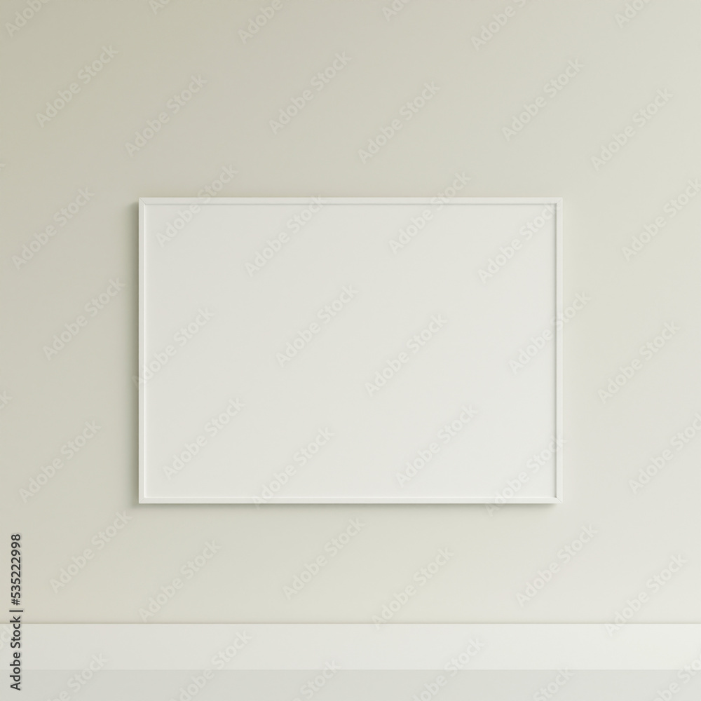 Clean and minimalist front view horizontal white photo or poster frame mockup hanging on the wall. 3d rendering.