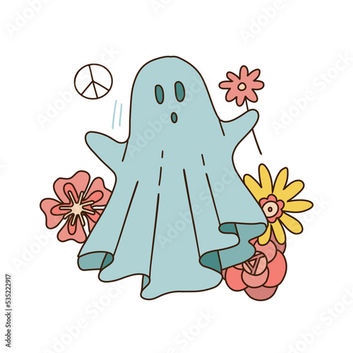 Retro 70s 60s Hippie Groovy Halloween Ghost in bedsheet holding flowers isolated on white. Flower power peace sign spook print for T-shirt design or card. Linear boho hand drawn vector illustration.