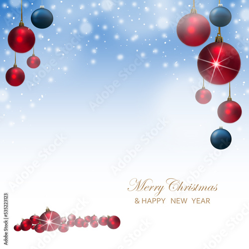 Happy New Year and Merry Christmas. Xmas background design, festive decorative items. flat top view. Christmas poster,